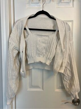 Cable Knit Cropped Cardigan & Tank Set - Cream